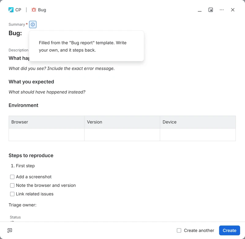Jira's Create dialog for a bug, filled from the Bug report template, with the app's note on the Summary field: Filled from the Bug report template. Write your own, and it steps back.