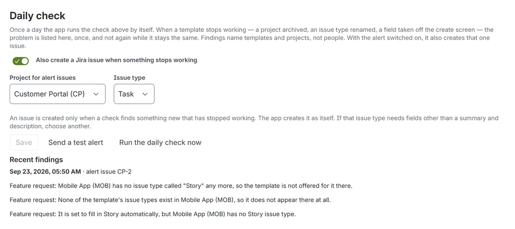 The Daily check panel on the admin page: the alert switch on, alert issues going to Customer Portal (CP) as a Task, and three recent findings for the Feature request template in Mobile App (MOB).