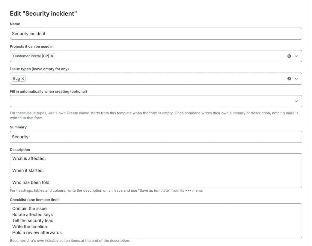 The template editor on the app's admin page, editing the Security incident template.
