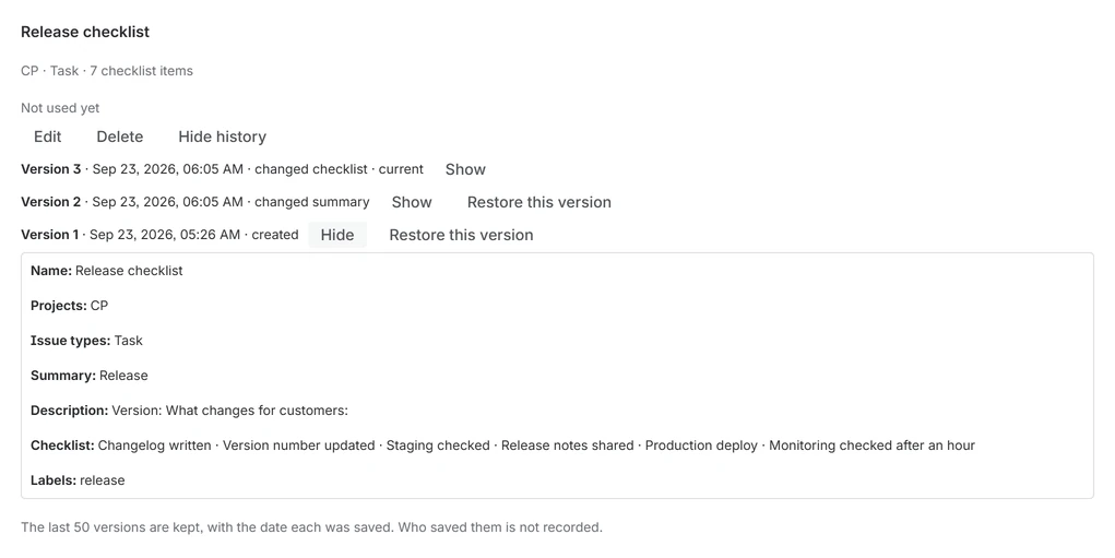 The version history of the Release checklist template: versions 3, 2 and 1 with their dates and changes, and version 1 opened in full.
