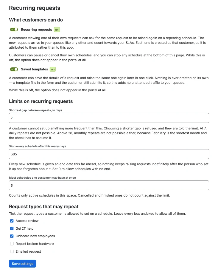 The app's settings page: recurring requests and saved templates switched on, the limits on how often and how long requests repeat, and the request types allowed to repeat.