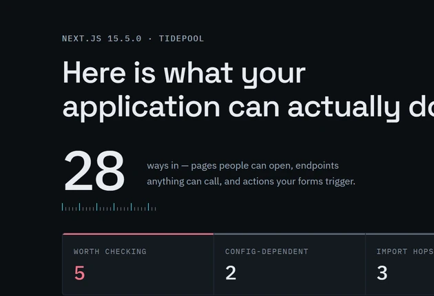 The top of the what it does report for the sample app Tidepool: 28 ways in.
