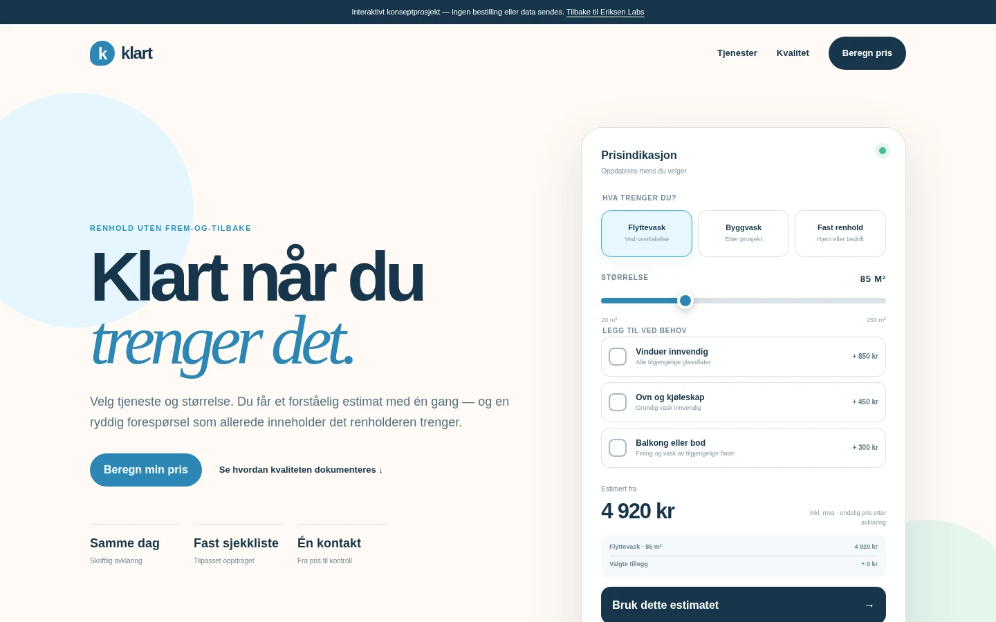 Skjermbilde av Klart, et vennlig og interaktivt servicekonsept