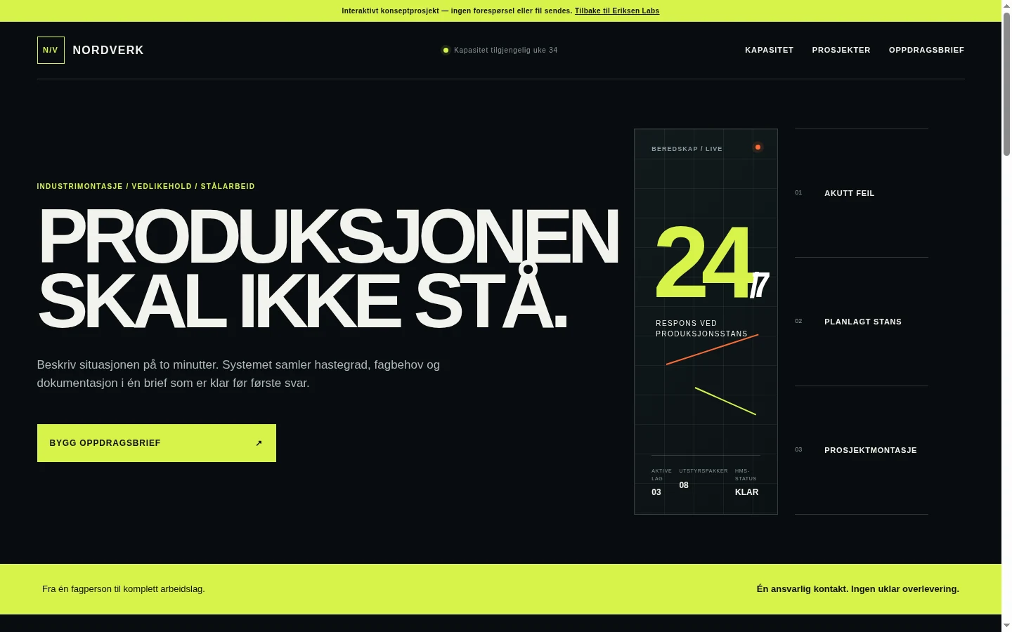 Skjermbilde av Nordverk, et mørkt og systempreget industrikonsept